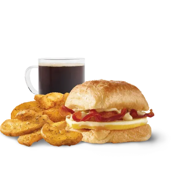 Wendy's Bacon Egg and Swiss Croissant Combo with seasoned potatoes and coffee