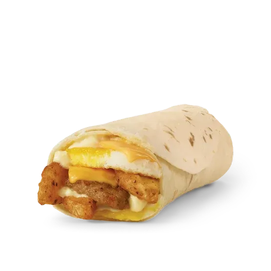 Wendy's Loaded Breakfast Burrito with savory sausage, eggs, potatoes, and Swiss cheese sauce