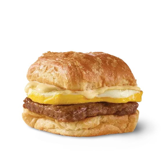 Wendy's Sausage Egg and Swiss Croissant with grilled sausage, fresh egg, and Swiss cheese sauce